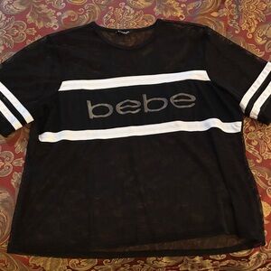 Bebe Black Mesh Tee with White Stripes